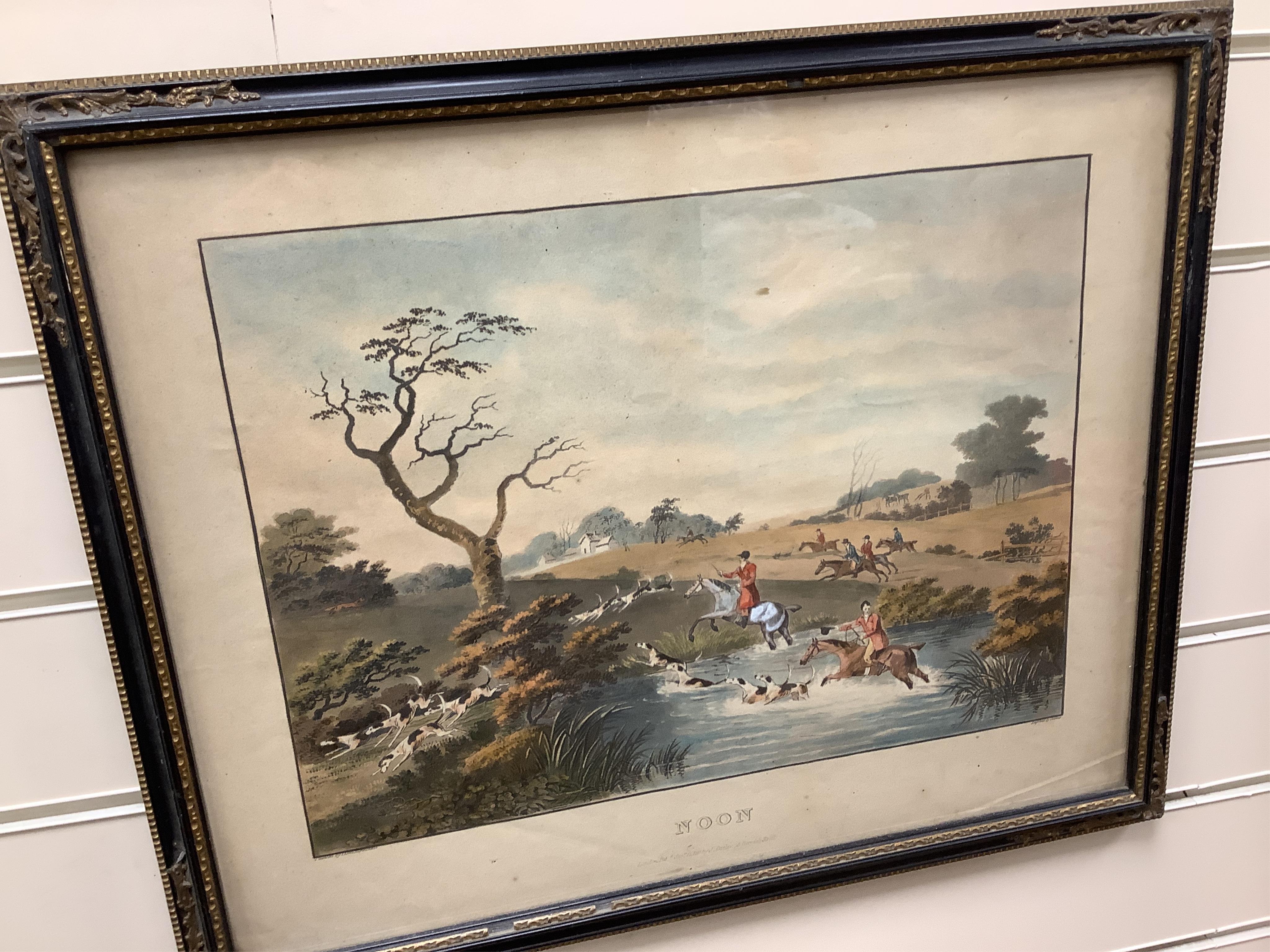 After Dean Wolstenholme (1757-1837) and Edward Hull, eight hunting interest lithographs to include: 'Unkenneling', 'Breaking cover', 'Morning' and 'Afternoon', 32 x 42cm